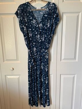 # Kensie 2X Teal & White Floral Tie-Waist Cropped Jumpsuit